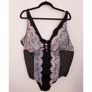 Swimsuits for All Mixed Print Polka Dot Black Underwire Swimsuit Size 26 EUC